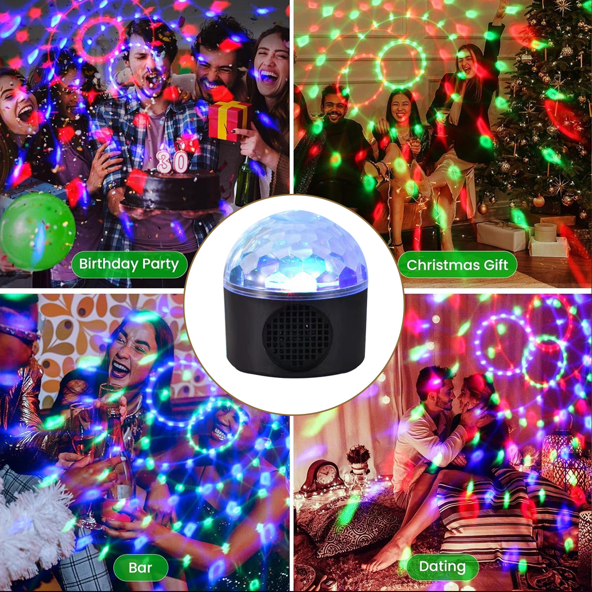 Eine Discokugel mit vier Szenen: Geburtstagsparty, Weihnachtsgeschenk, Bar und Dating, alles unter bunten Lichtern.