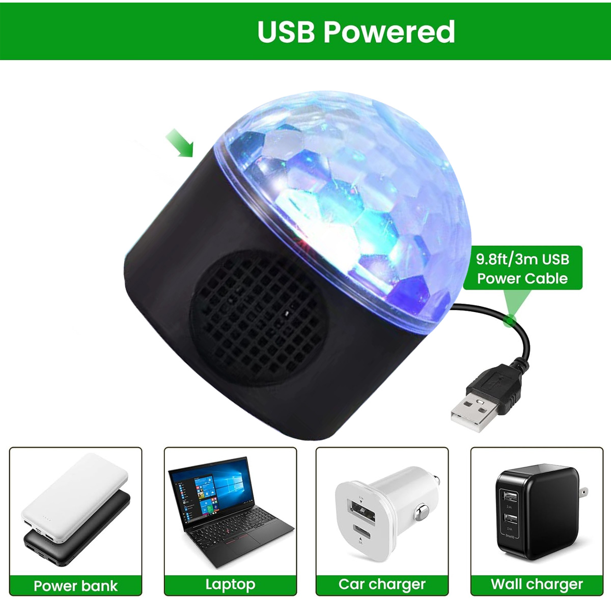 Eine USB-betriebene Discokugel mit USB-Kabel. Darunter Bilder einer Powerbank, eines Laptops, eines Autoladegeräts und eines Wandladegeräts.