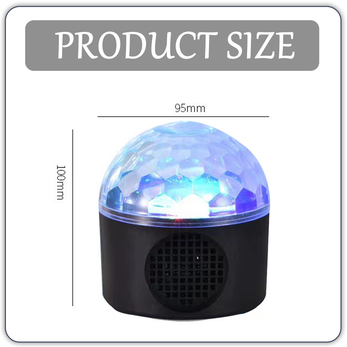Eine Discokugel mit Größenangaben. Sie hat einen schwarzen Sockel und eine blaue, geometrisch gemusterte Oberseite. Die Maße sind 100 mm hoch und 95 mm breit.