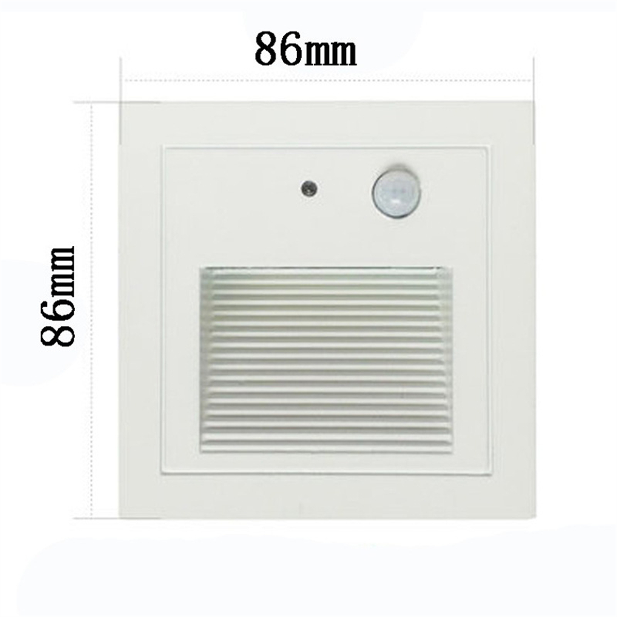 Eine weiße Wandhalterung mit Sensor und Gitter. Abmessungen 86 mm x 86 mm werden angezeigt.
