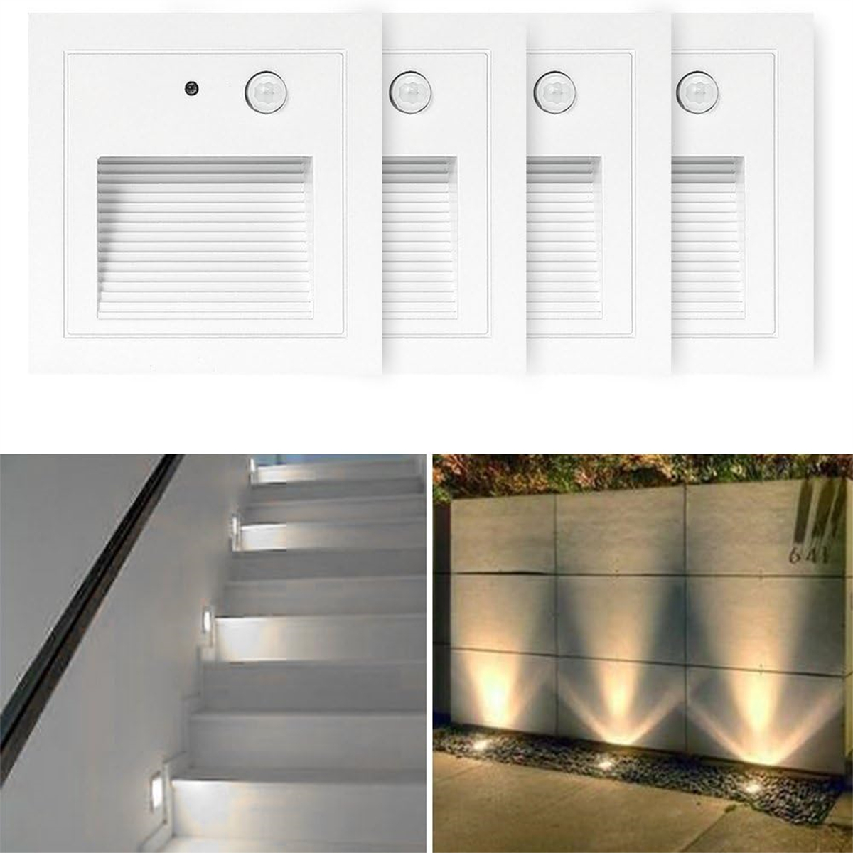 Das Bild zeigt Treppenhaus- und Wandbeleuchtung. Weiße Einbauleuchten, Treppenlichter und Wandleuchten beleuchten die Szene, mit Fokus auf Design.