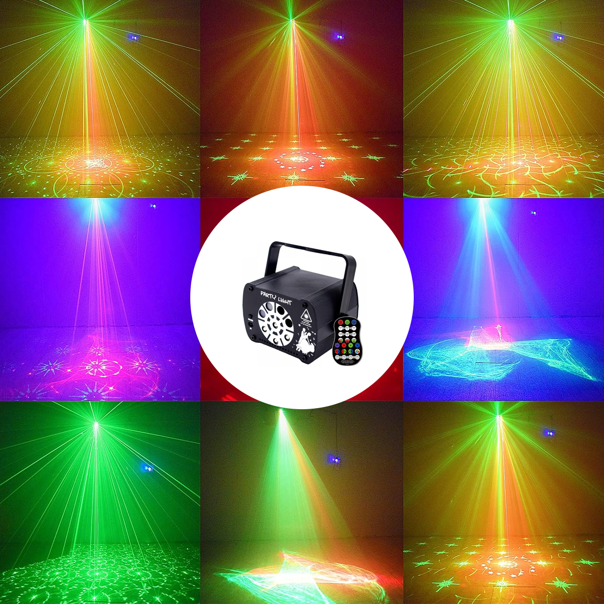 Ein Party-Lichtprojektor strahlt farbige Strahlen aus. Die Wände sind mit verschiedenen Mustern beleuchtet. Eine Fernbedienung ist sichtbar.
