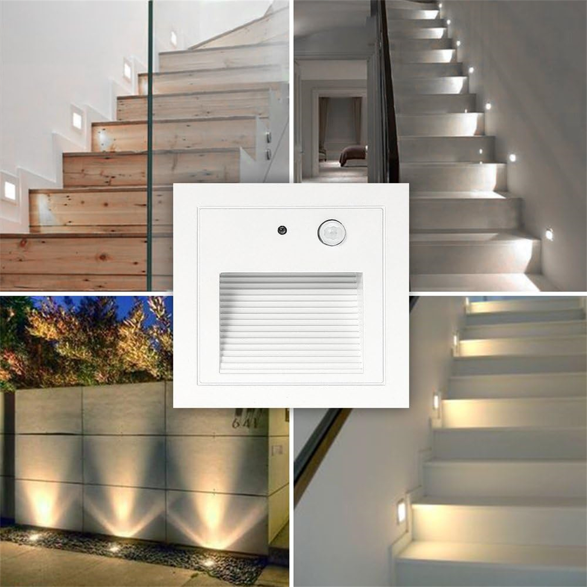 Das Bild zeigt verschiedene Treppen, die von eingebauten Lichtern beleuchtet werden. Einige Treppen sind aus Holz, andere weiß. Ein zentrales Panel zeigt eine Leuchte.