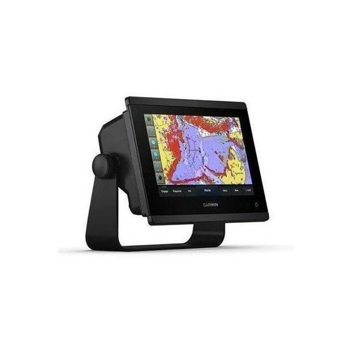 Ein schwarzes Garmin GPS-Gerät. Der Bildschirm zeigt eine farbenfrohe Seekarte. Das Gerät befindet sich auf weißem Hintergrund.