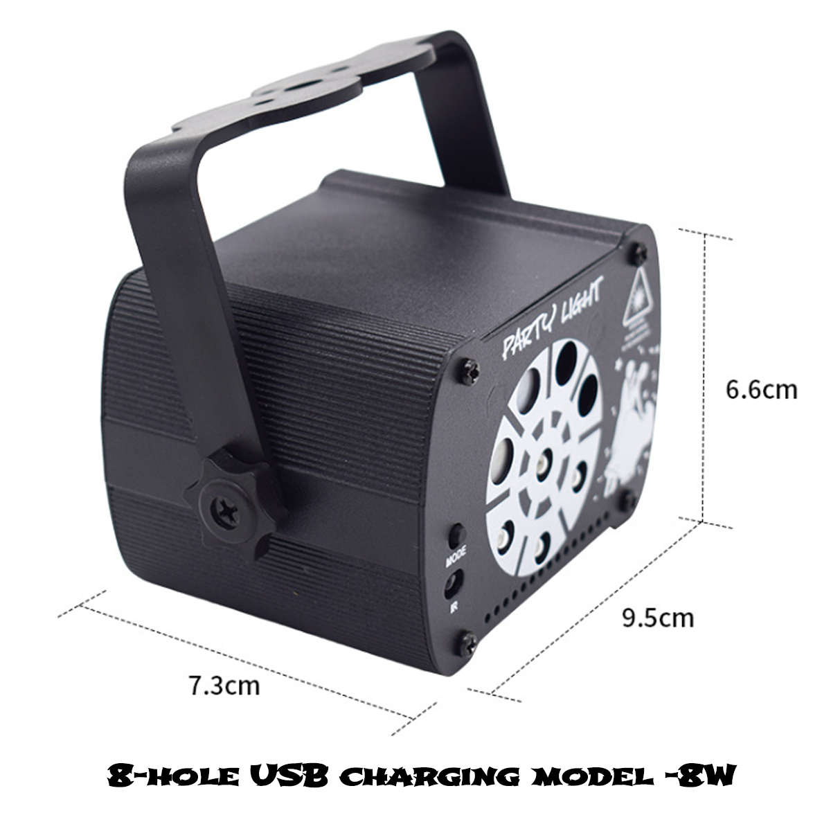 Ein schwarzes Partylicht mit Griff, Abmessungen beschriftet. Enthält Etiketten für 'MODE', 'IR' und 'PARTY LIGHT'. Text unten lautet '8-LOCH USB'.