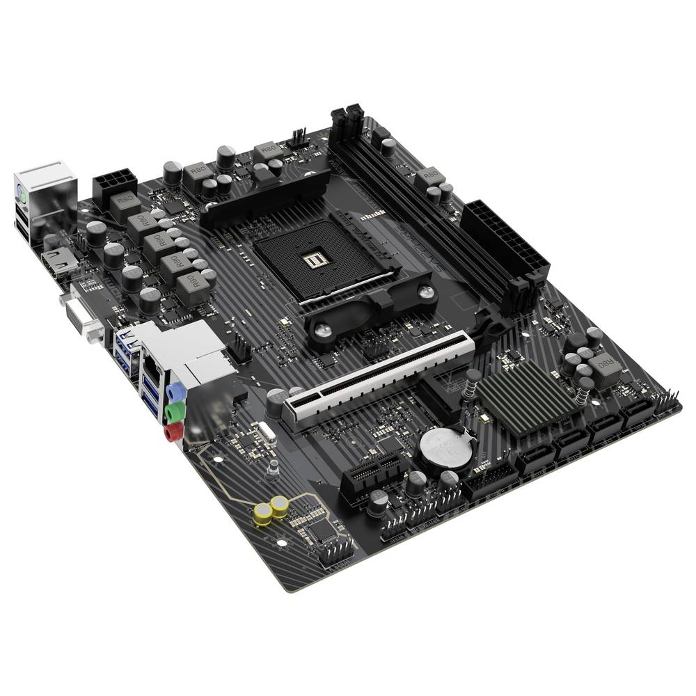 Płyta główna komputera, z czarnymi i szarymi komponentami, w tym gniazdami, chipami i złączami. Leży na białym tle.