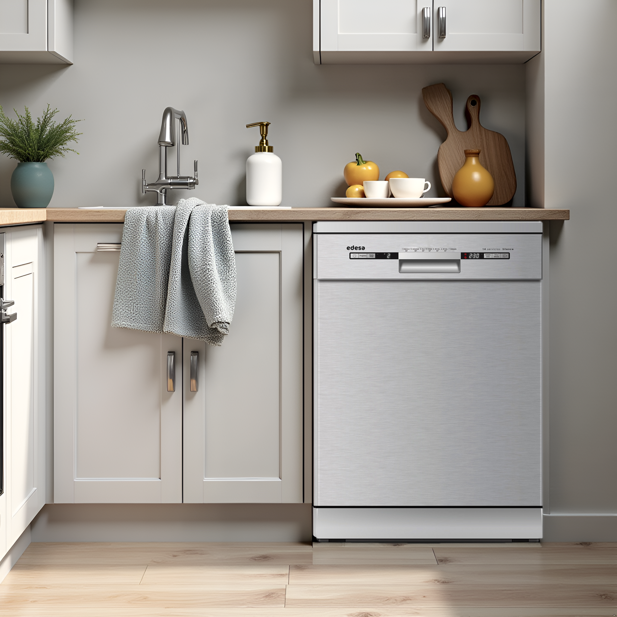 Cocina con lavavajillas, fregadero y encimera de madera. Incluye plantas, dispensador de jabón y tablas de cortar.