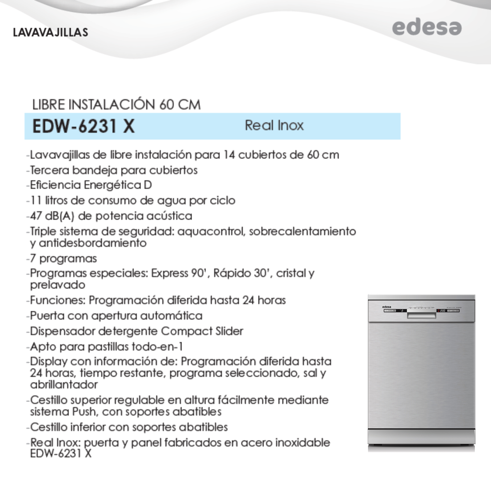 Un lavavajillas de acero inoxidable con detalles y especificaciones del producto. El logotipo de la marca está arriba a la derecha.