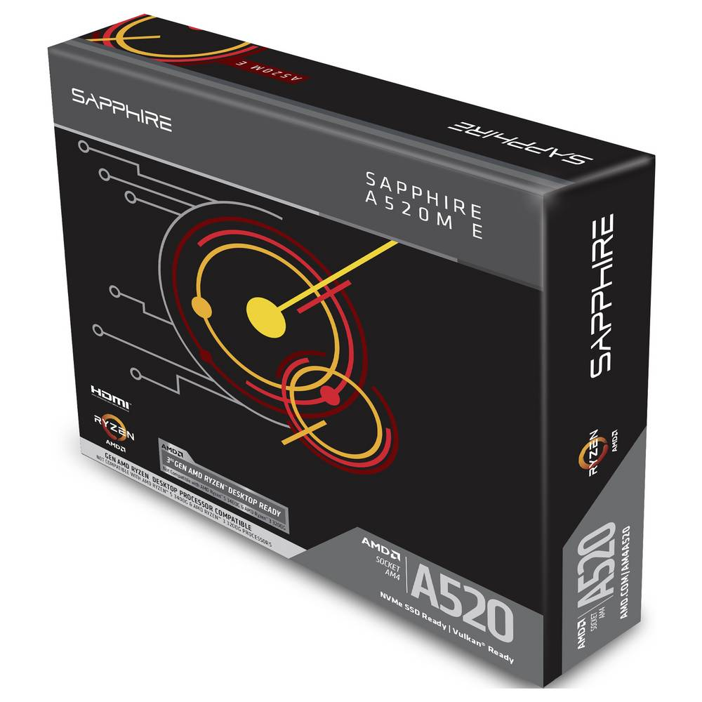 Pudełko Sapphire A520M E. Zawiera AMD Ryzen, HDMI i szczegóły A520 na czarno-czerwonym designie.