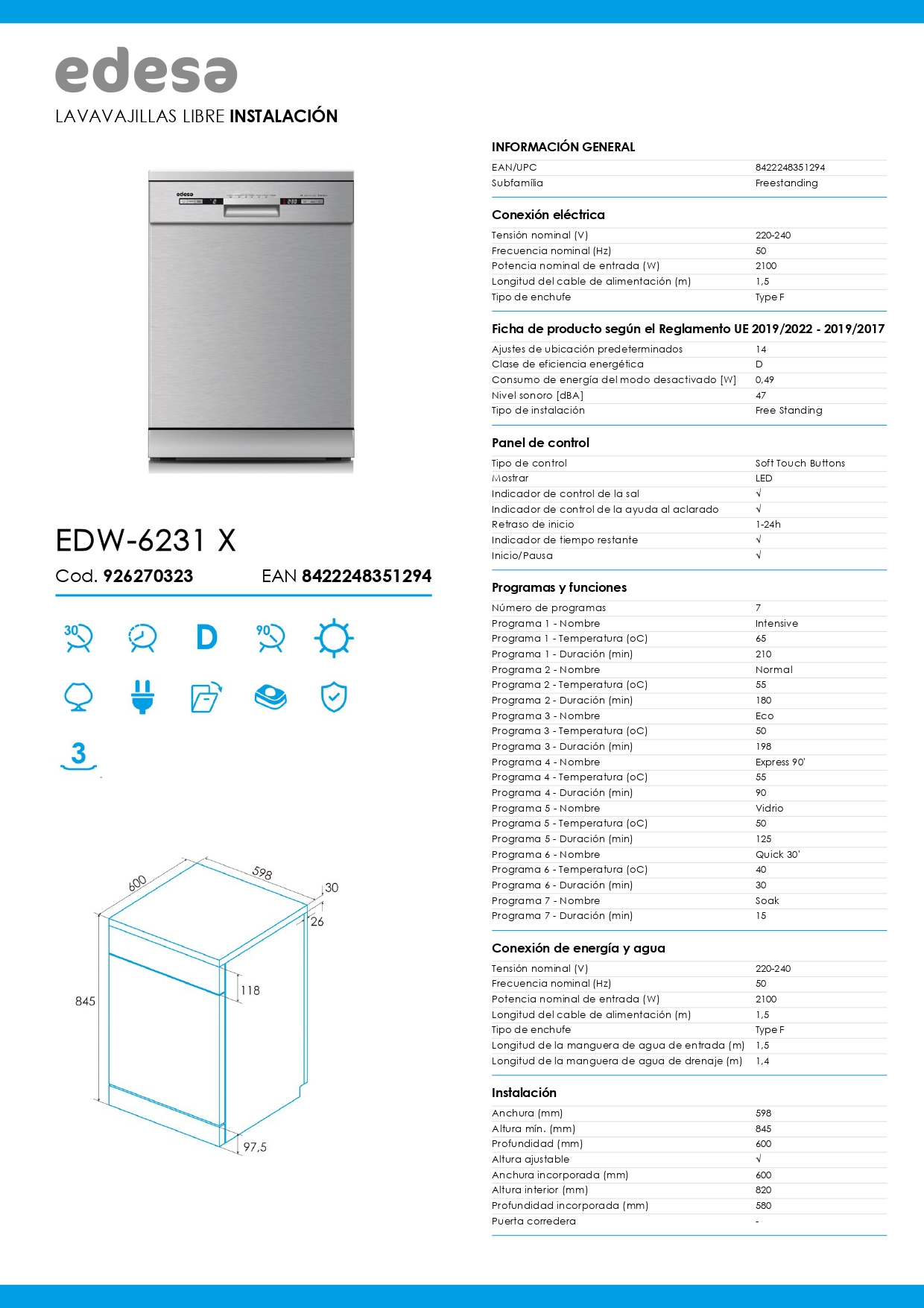 Especificaciones del lavavajillas con dimensiones, programas e información eléctrica.