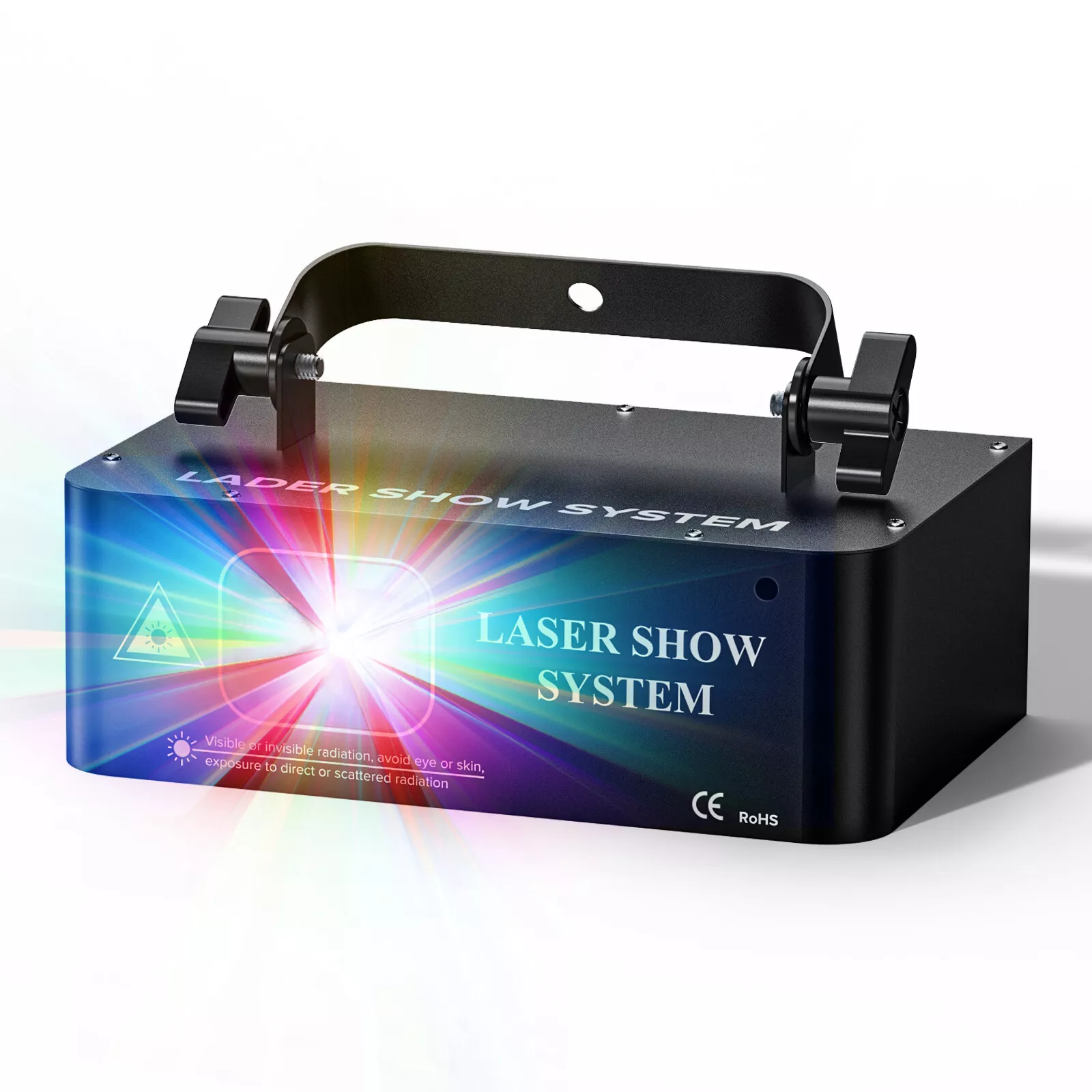 Laser-Show-System-Gerät. Schwarzer Körper, Regenbogenlichtstrahlen, Griff oben. Text: 'Laser Show System'.