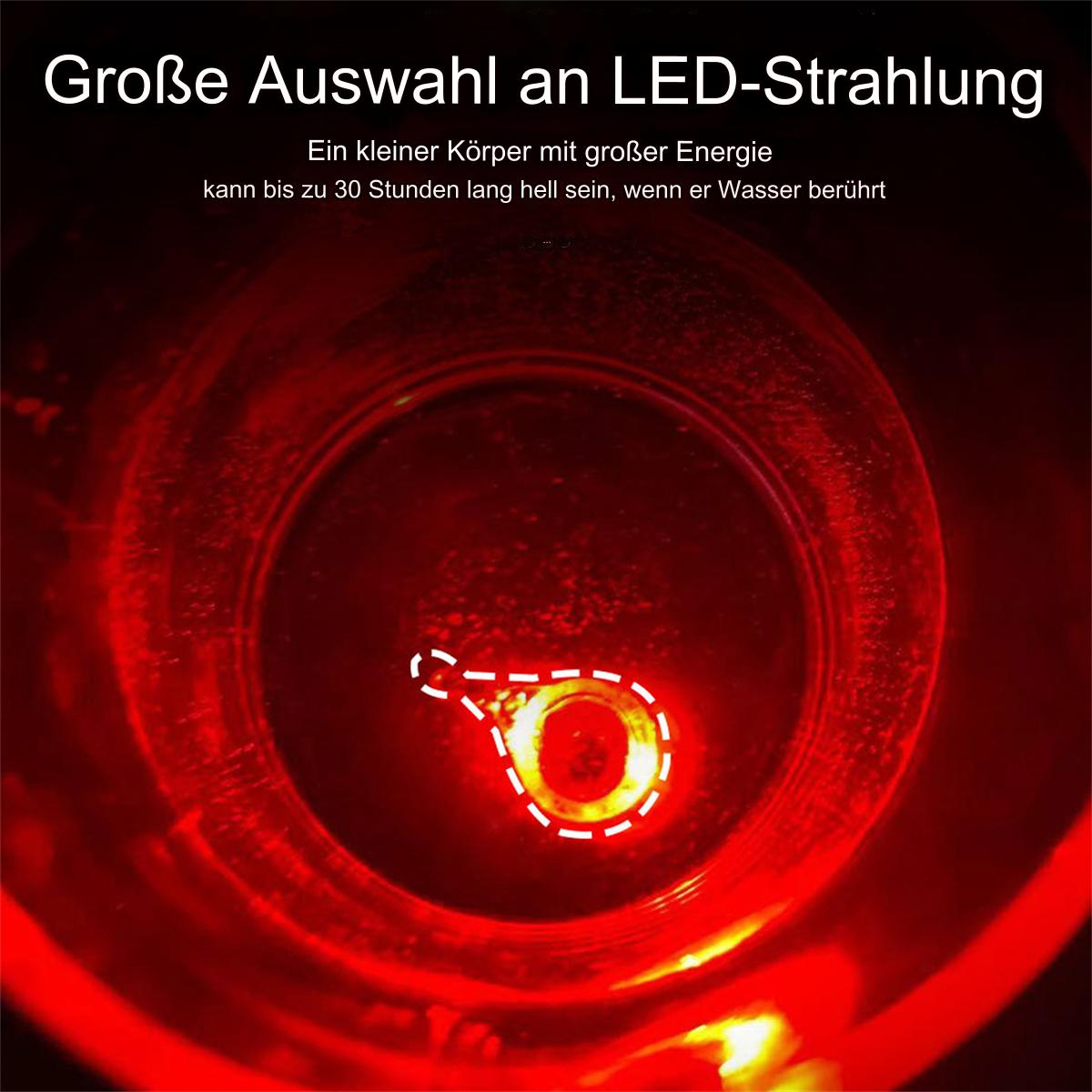 Rot beleuchtetes Bild mit Text über LED-Strahlung. Eine kleine, helle, kreisförmige Lichtquelle in der Mitte, ein ringförmiges Objekt.