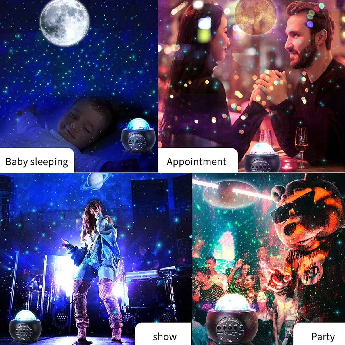 Collage von vier Szenen: Baby schläft unter Sternen, Paar hält Hände, Sänger auf der Bühne und Party mit Bär.