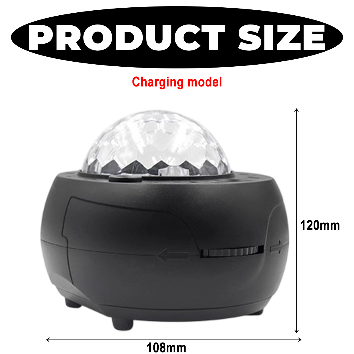 Ein schwarzes, rundes Gerät mit einem Kristallkuppeldach. Text sagt 'PRODUCT SIZE' und 'Charging model'. Abmessungen sind 108mm x 120mm.