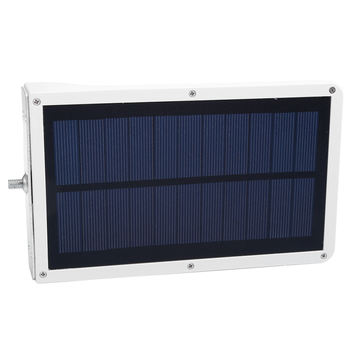 Ein rechteckiges Solarpanel mit dunkelblauer Oberfläche und weißem Rahmen, montiert an einer silbernen Halterung.