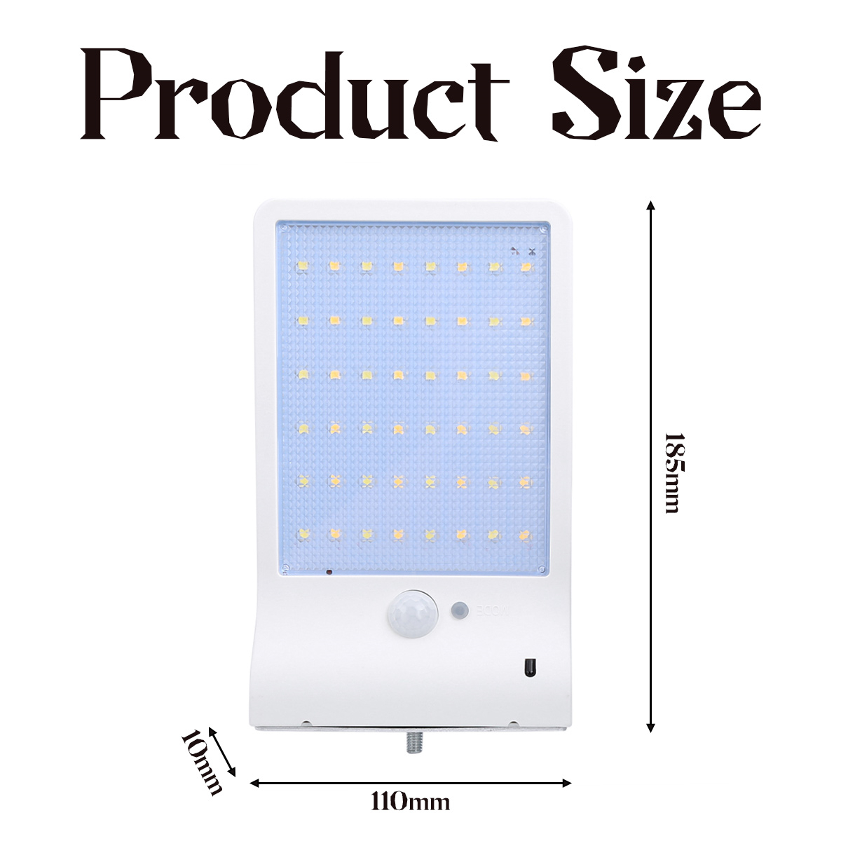 Ein weißes Solarlicht mit den Maßen 110x185mm. Es hat einen Bewegungssensor und eine Anordnung kleiner LED-Leuchten. Text oben: 'Produktgröße'.
