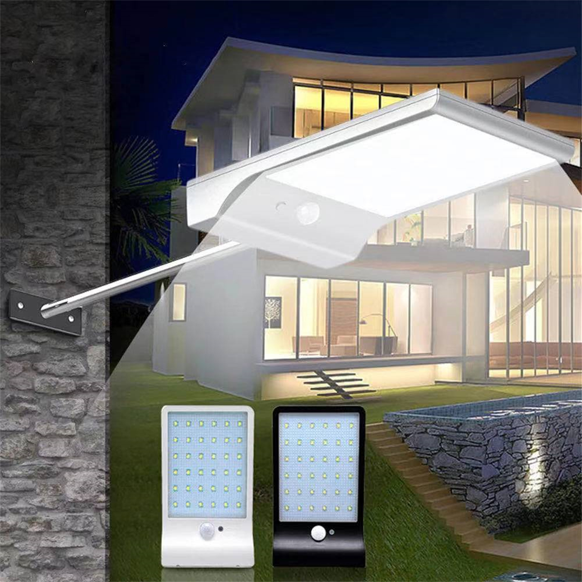 Ein modernes Haus mit einer Solarleuchte, zwei kleinen Solarleuchten und einer Steinmauer mit Licht.