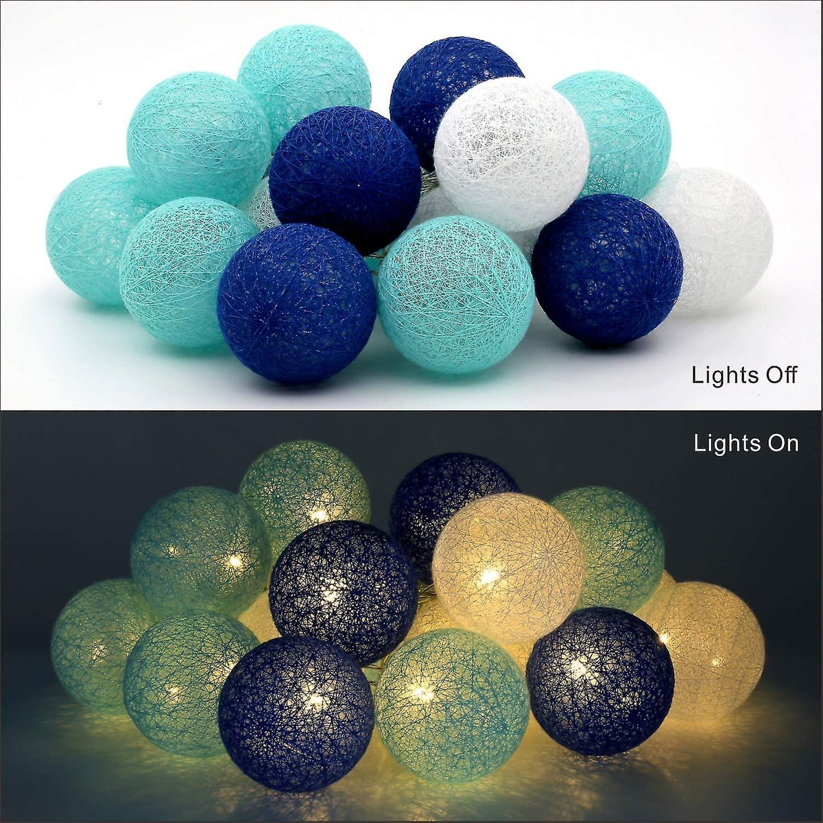 Das Bild zeigt zwei Lichterketten. Oben: Lichter aus, blaue, weiße und türkisfarbene Kugeln. Unten: Lichter an, Kugeln leuchten.