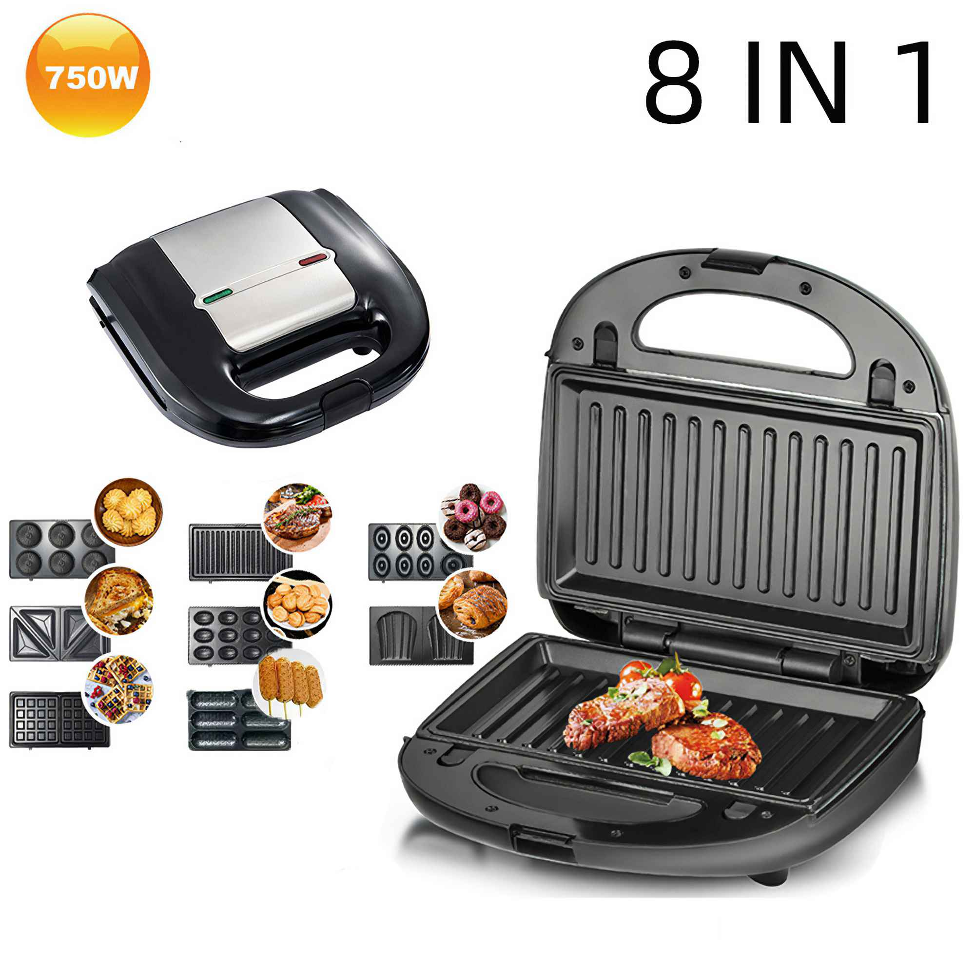 Ein multifunktionaler Grill mit verschiedenen Kochplatten, zum Kochen von Fleisch, Donuts, Waffeln und anderen Lebensmitteln. Enthält ein 750W-Etikett.