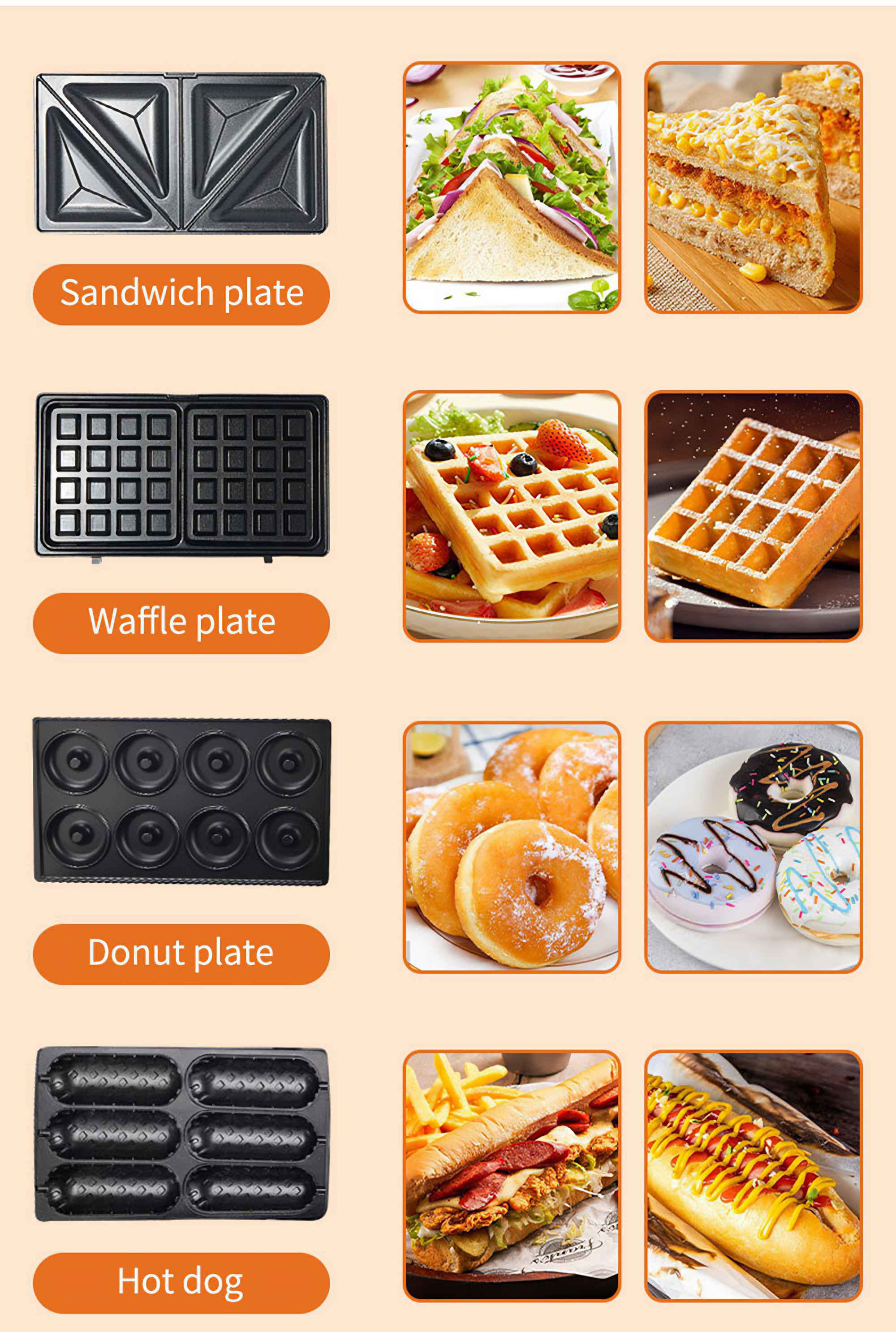 Das Bild zeigt Sandwichplatten, Sandwich, Waffelplatten, Waffeln, Donutplatten, Donuts und Hotdogplatten, Hotdogs.