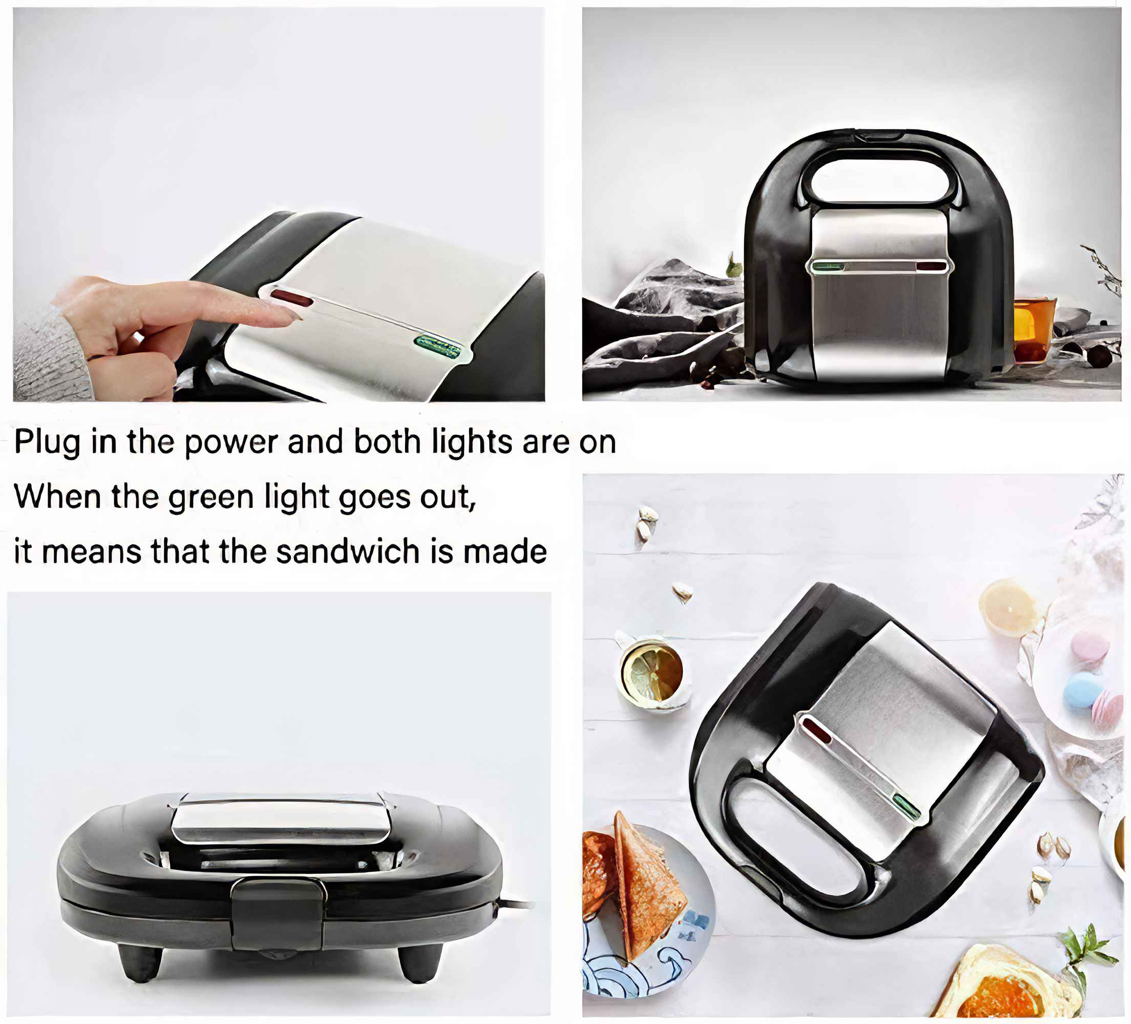Ein Sandwichmaker mit roten und grünen Kontrollleuchten. Eine Hand berührt den Ein-Schalter. Text: Stecken Sie das Gerät ein.