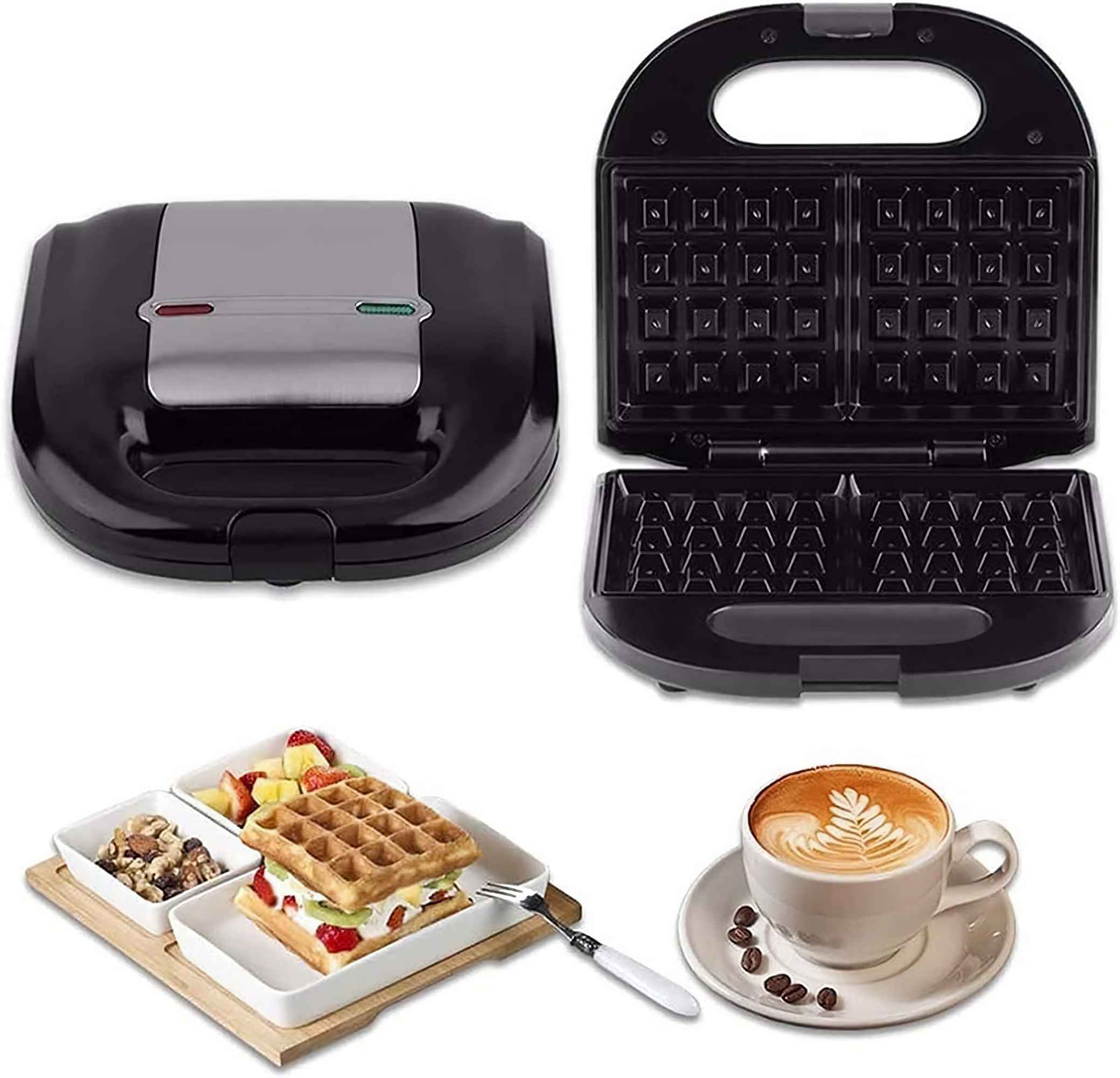Ein Waffeleisen, geöffnet und geschlossen, mit Waffeln, Obst, Nüssen und Kaffee.