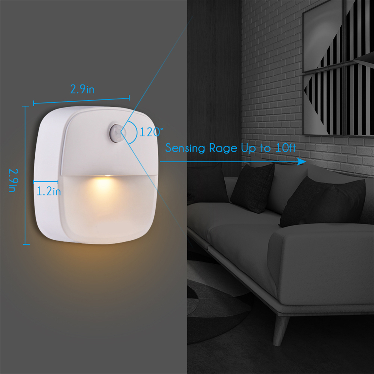 Ein weißes LED-Nachtlicht mit Abmessungen, Erfassungswinkel und Reichweitenangaben. Im Hintergrund befindet sich eine Couch mit Kissen.
