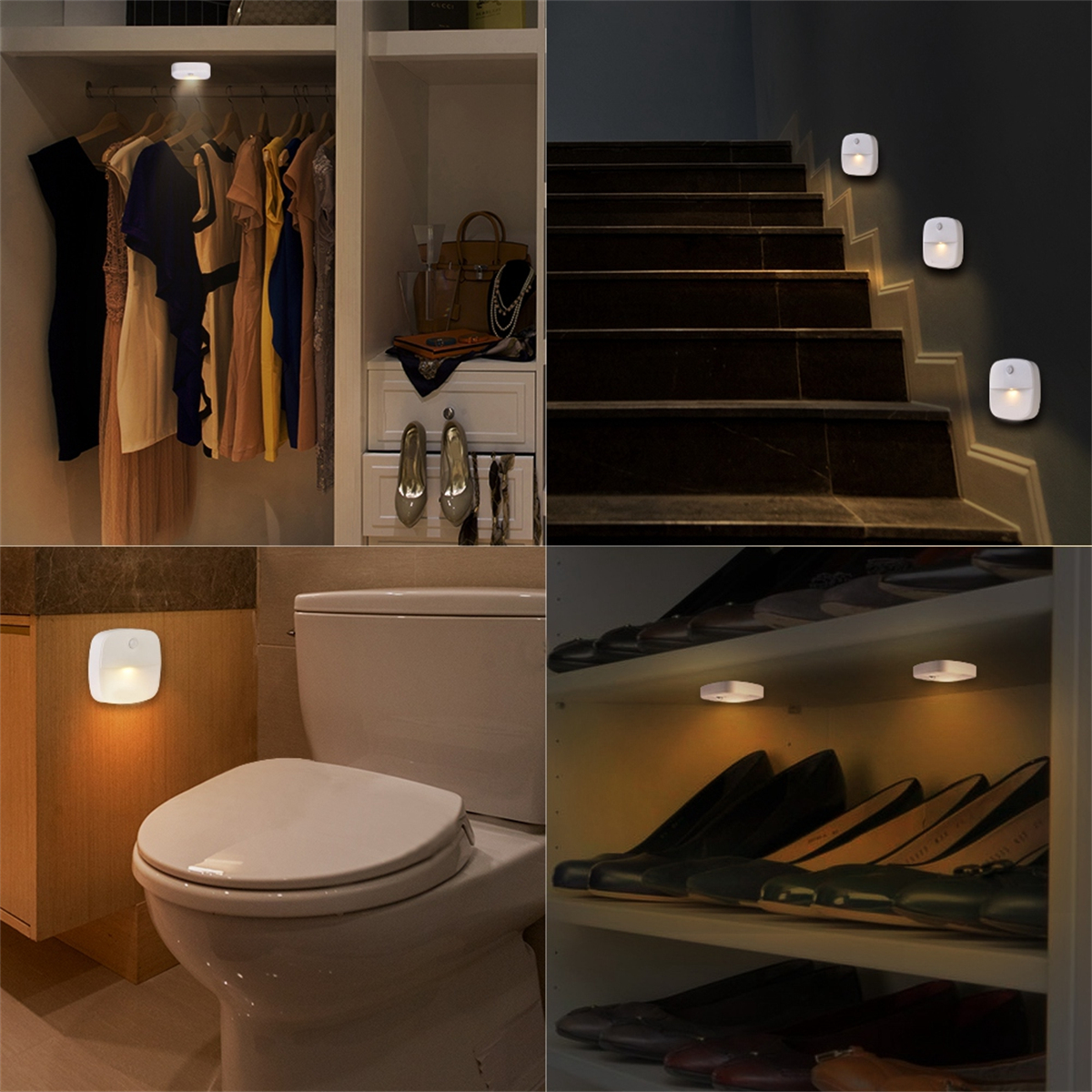 Das Bild zeigt mehrere Innenräume mit kleinen, weißen, beleuchteten Lichtern. Szenen umfassen einen Schrank, Treppen, ein Badezimmer und ein Schuhregal.