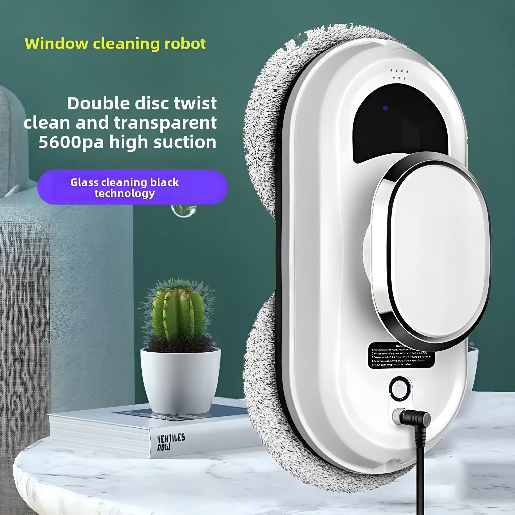 Ein weißer Fensterreinigungsroboter mit einem Reinigungspad. Ein Kaktus in einem Topf liegt auf einem Buch. Text: Fensterreinigungsroboter.
