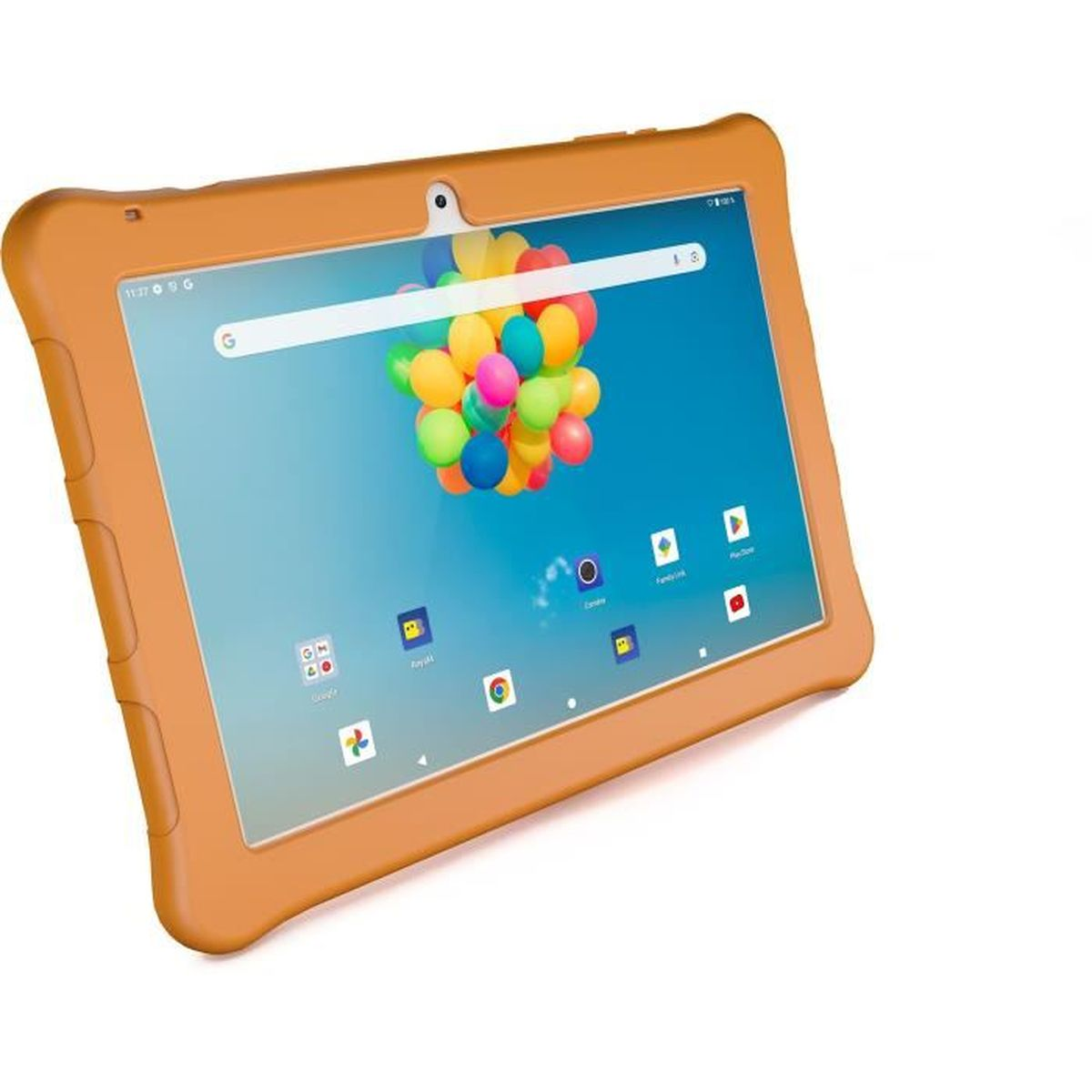 Een oranje tablet met een scherm waarop kleurrijke ballonnen en app-iconen te zien zijn. De tablet heeft een beschermhoes en een camera.