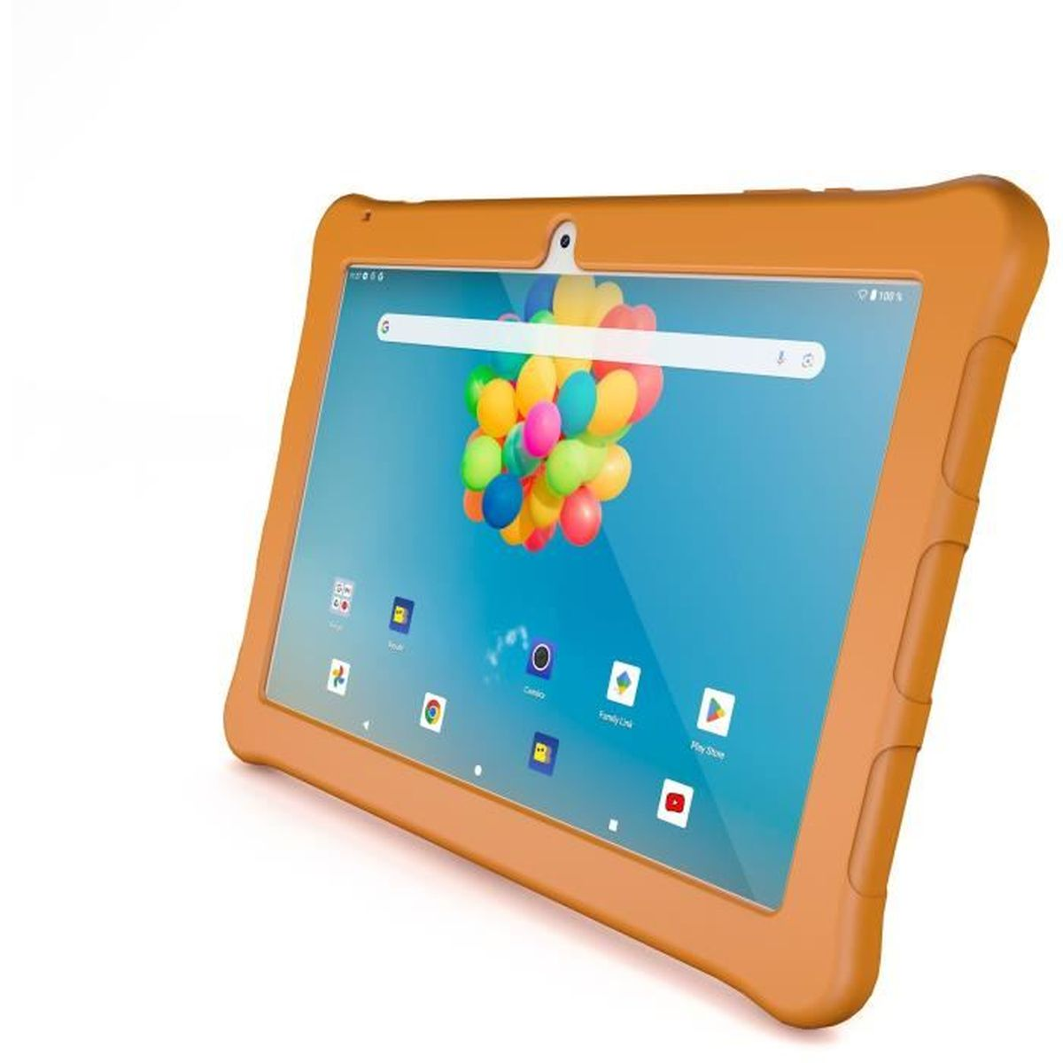 Een oranje tablet met beschermhoes. Het scherm toont kleurrijke ballonnen. Pictogrammen en interface-elementen zijn zichtbaar.