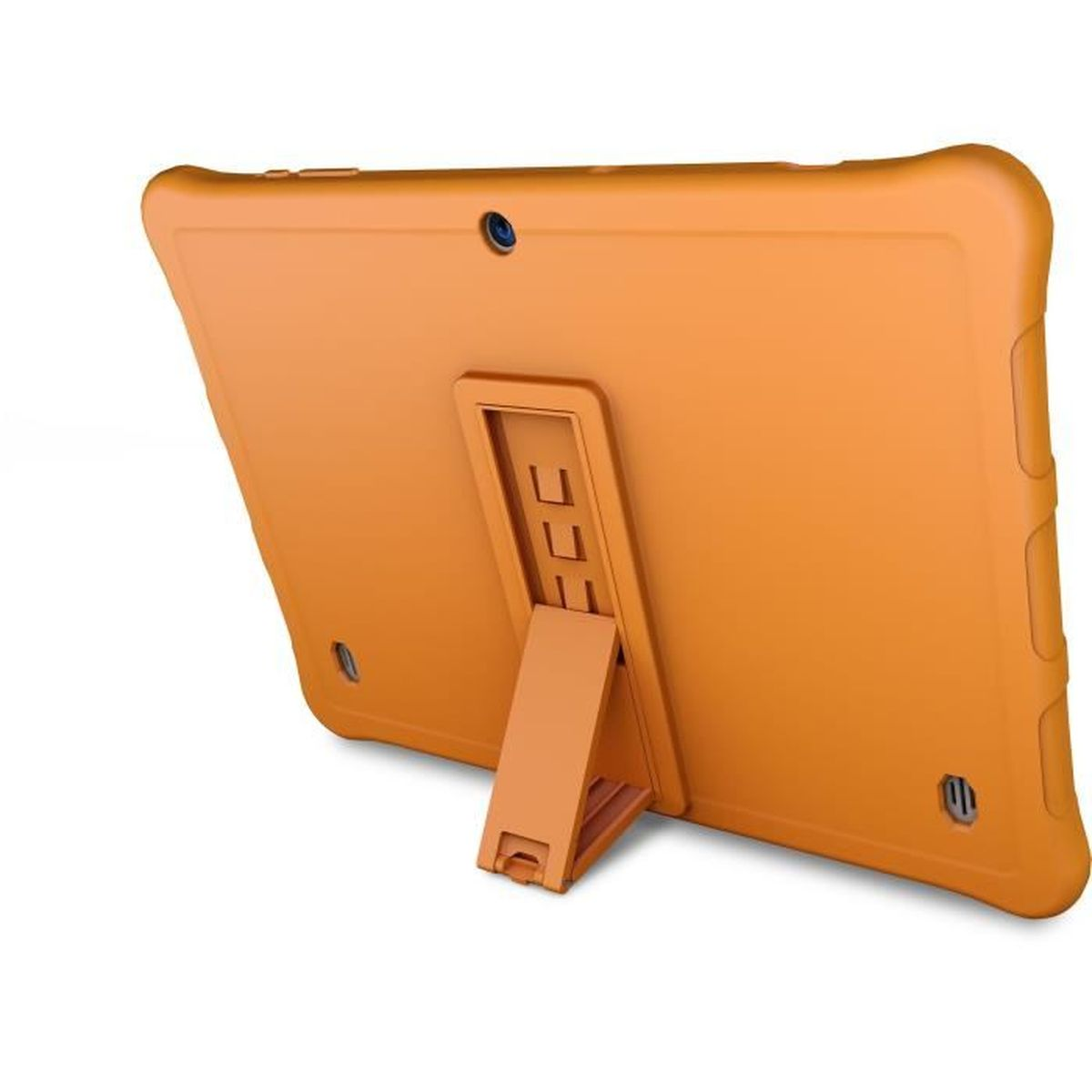Oranje tablet met standaard. De standaard ondersteunt de tablet. De tablet heeft een camera.