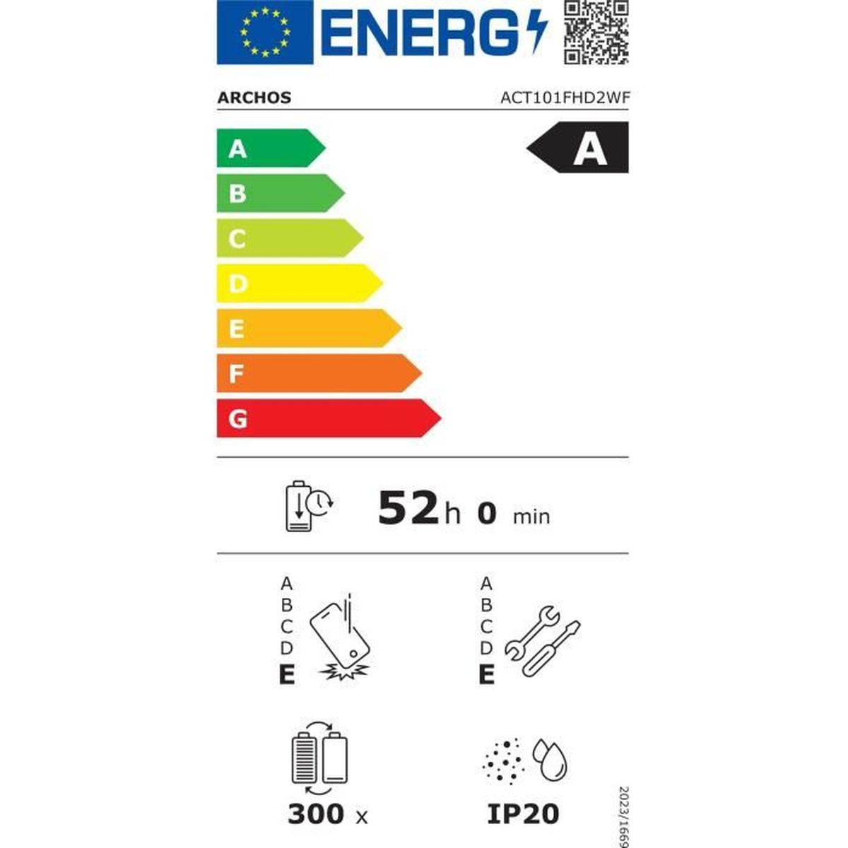Energielabel voor ARCHOS. Toont energie-efficiëntie, batterijduur (52u) en andere specificaties zoals IP20. Bevat een QR-code.