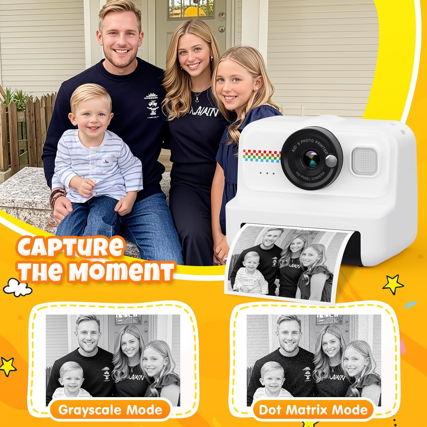 Fünfköpfige Familie mit Fotodrucker. Die Familie lächelt. Der Drucker ist weiß mit einem Foto, das herauskommt.