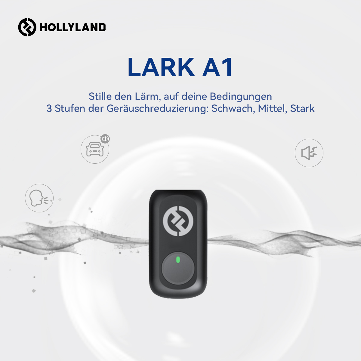 Dispositivo Lark A1 negro con luz verde. Texto: 'HOLLYLAND LARK A1. 3 niveles de reducción de ruido'. Iconos: coche, voz y altavoz.