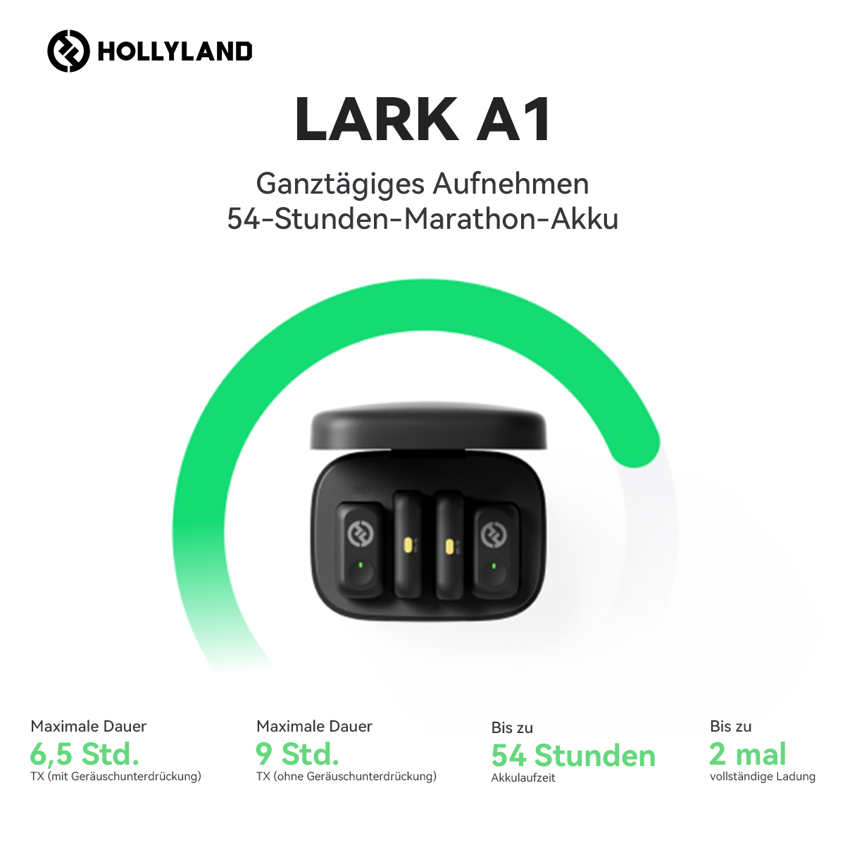 La imagen muestra un dispositivo negro con detalles verdes. El texto indica 'LARK A1' con información de batería: 6.5, 9 y 54 horas.