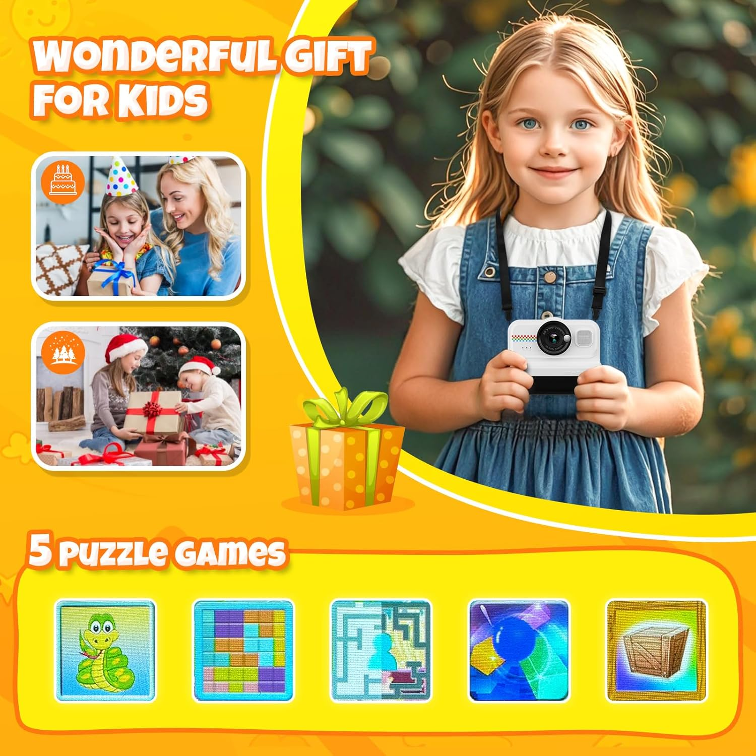 Ein Mädchen hält eine weiße Kamera. Es ist ein Geschenk für Kinder, mit Puzzlespiel-Symbolen. Es gibt Geschenkboxen und zwei kleinere Bilder.