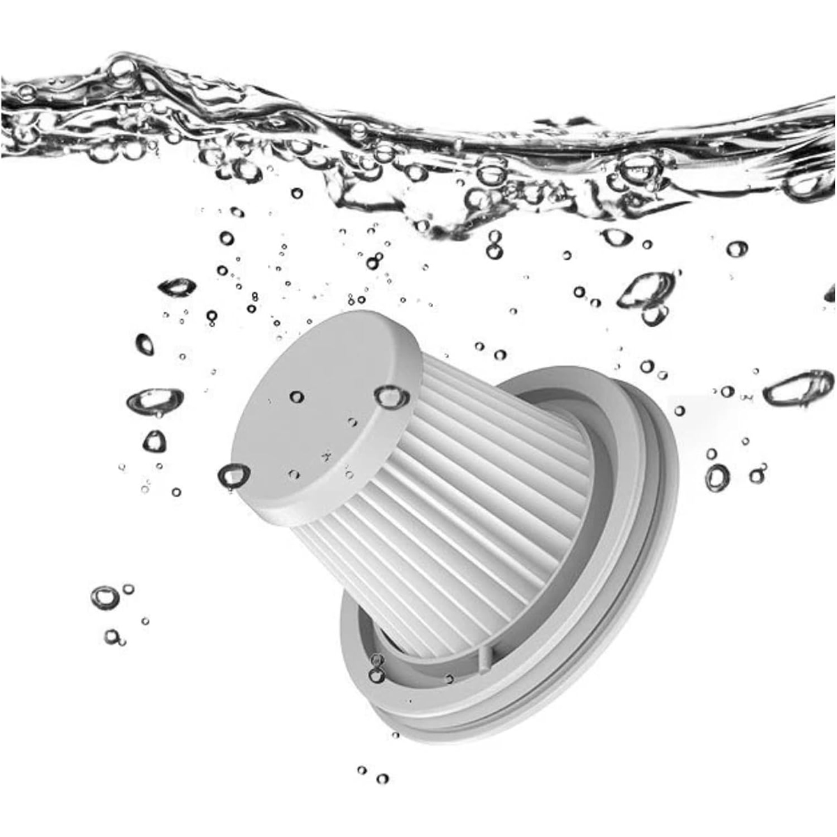 Ein weißer zylindrischer Filter, der in Wasser mit Blasen eingetaucht ist. Der Filter hat ein kreisförmiges Design.