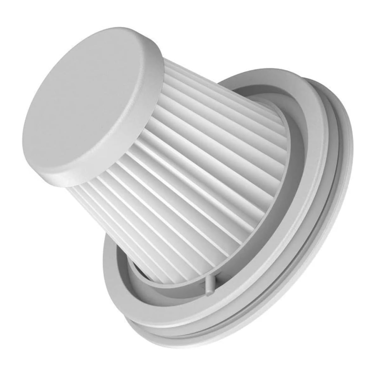 Ein weißer Staubsaugerfilter mit zylindrischer Form. Er hat gefaltetes Filterpapier und einen kreisförmigen Montagerahmen. Der Hintergrund ist weiß.