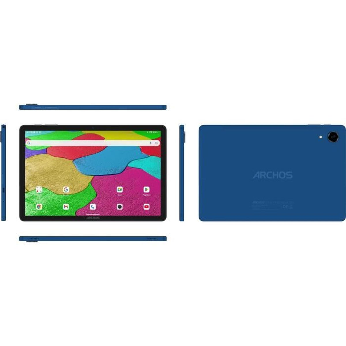 Un tablet Archos blu è in mostra, mostrando la parte anteriore e posteriore. Lo schermo mostra icone di app colorate.