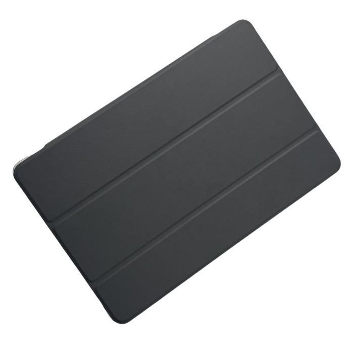Una custodia per tablet grigio scuro, angolata in diagonale. Ha tre linee di piegatura orizzontali. Lo sfondo è bianco.