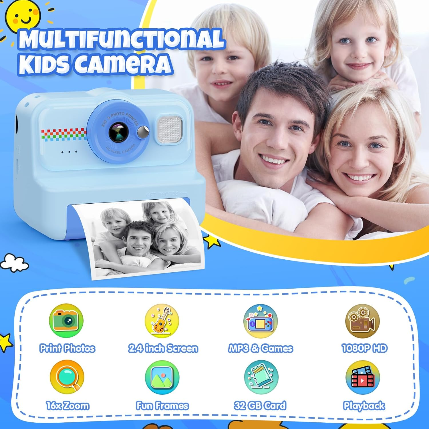 Eine blaue Kinderkamera mit einem Foto einer Familie. Im Hintergrund ist eine lächelnde vierköpfige Familie zu sehen. Funktionen sind unten aufgeführt.