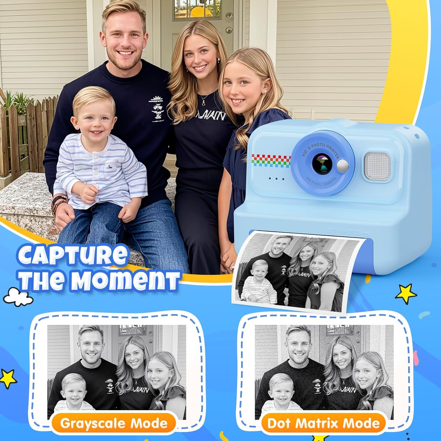 Familie mit Kamera. Eine vierköpfige Familie lächelt, eine blaue Kamera druckt ein Foto von ihnen. Graustufen- und Punktmatrixmodi werden gezeigt.