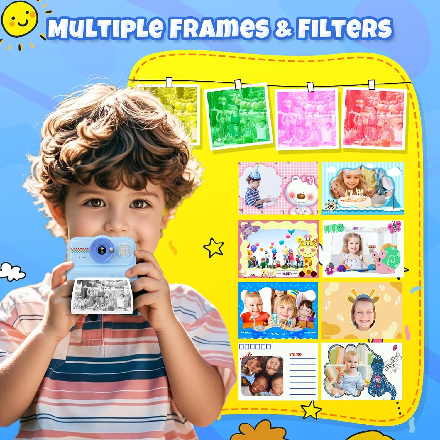 Ein Junge hält eine blaue Kamera und betrachtet einen Ausdruck. Im Hintergrund sind bunte Rahmen mit Fotos, eine Sonne und der Text 'MULTIPLE FRAMES & FILTERS'.