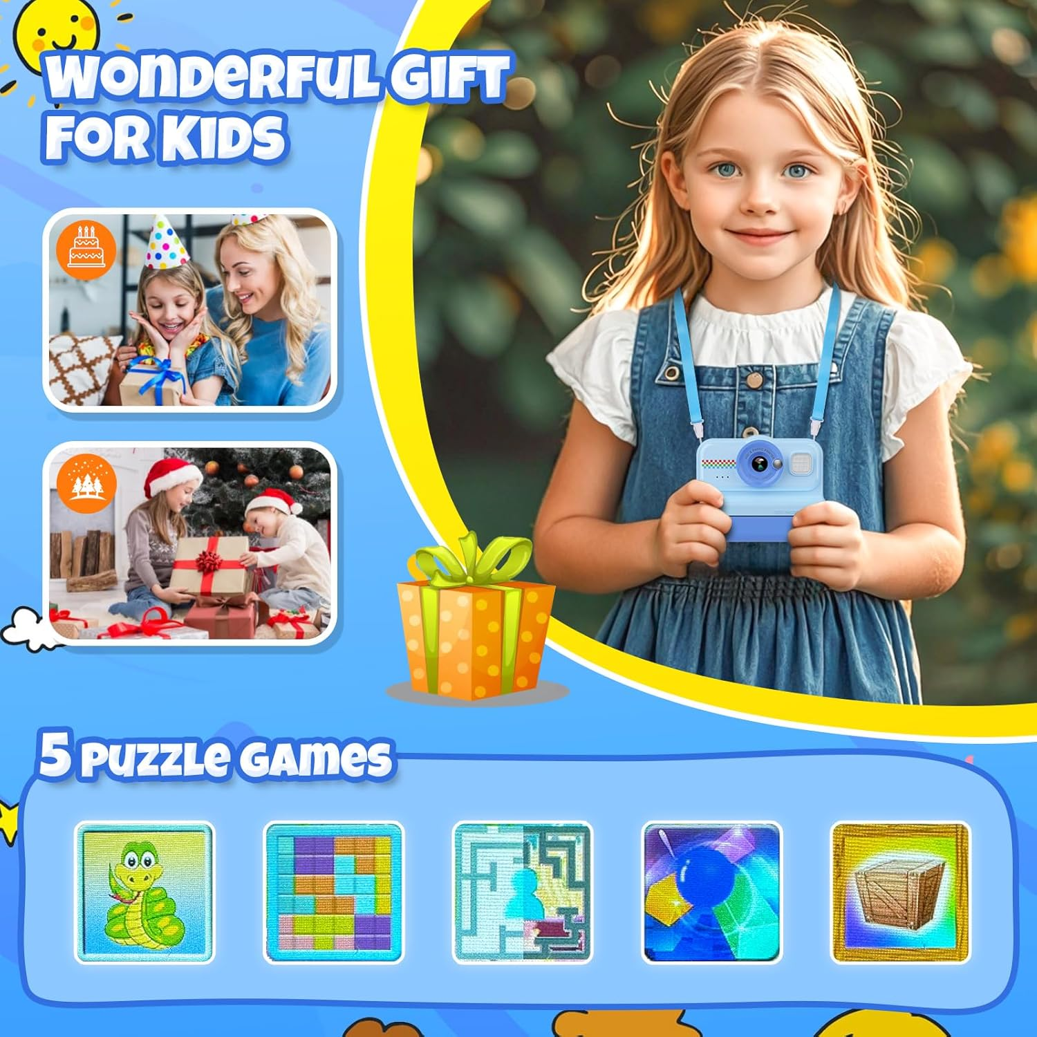 Ein Mädchen mit einer blauen Kamera um den Hals. Es ist ein Werbebild für ein Geschenkset, darunter Puzzles und Fotos.