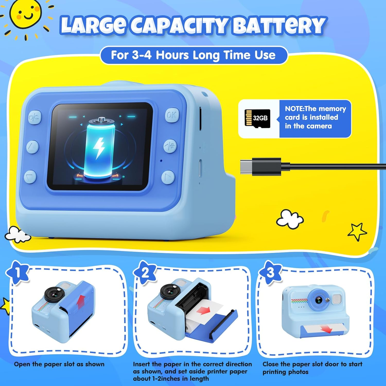 Blaue Kamera mit Bildschirm, der eine Batterie anzeigt. Anweisungen zeigen das Einlegen von Papier. Gelber und blauer Hintergrund mit Text zur Batterie.