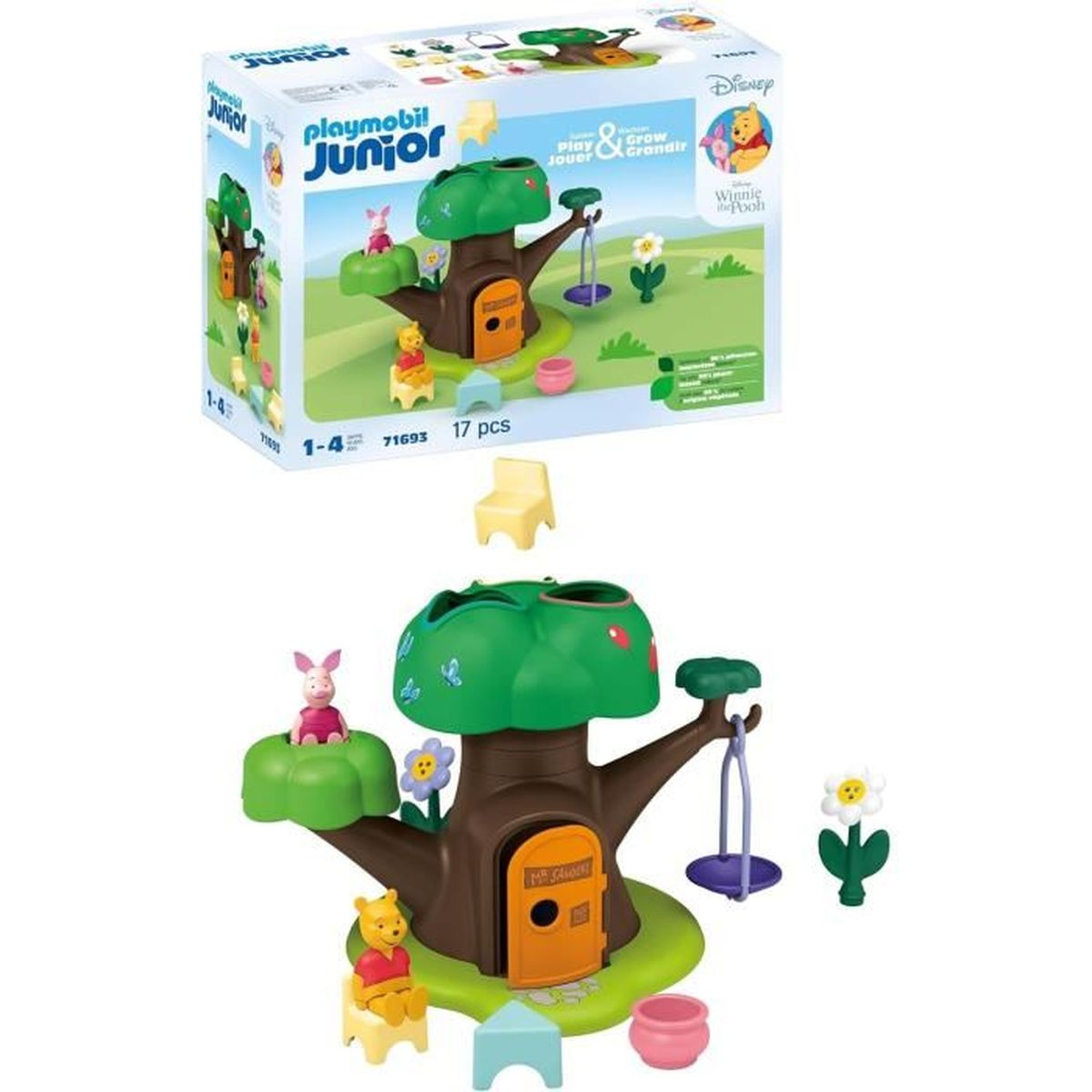 Set Playmobil della casa sull'albero di Winnie the Pooh. Include figurine di Winnie, Pimpi e altri accessori. La scatola è dietro.
