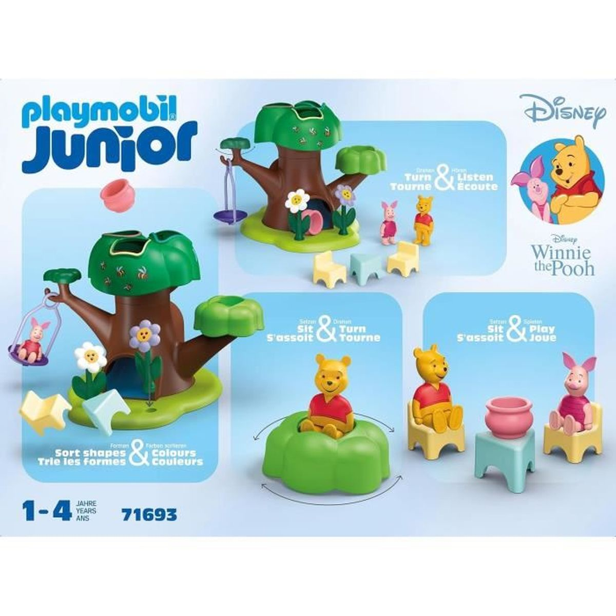Set Playmobil Junior con personaggi di Winnie the Pooh, case sugli alberi, sedie e altri elementi, tutti in colori vivaci.