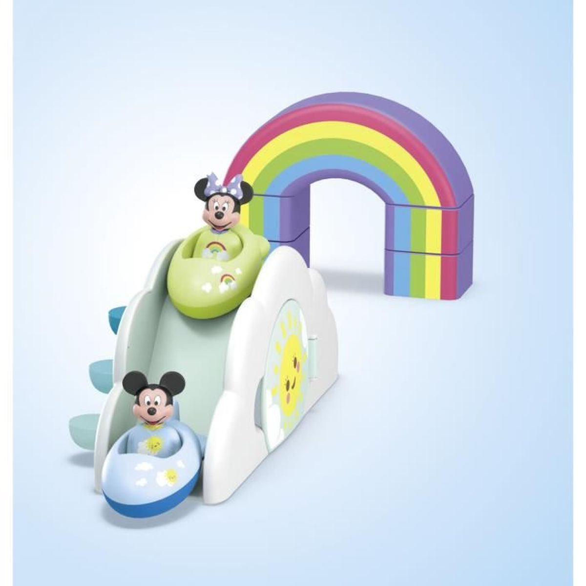 Giocattolo di Topolino e Minnie Mouse su uno scivolo. Un arco arcobaleno colorato è sullo sfondo. Lo scivolo ha un design a nuvola.
