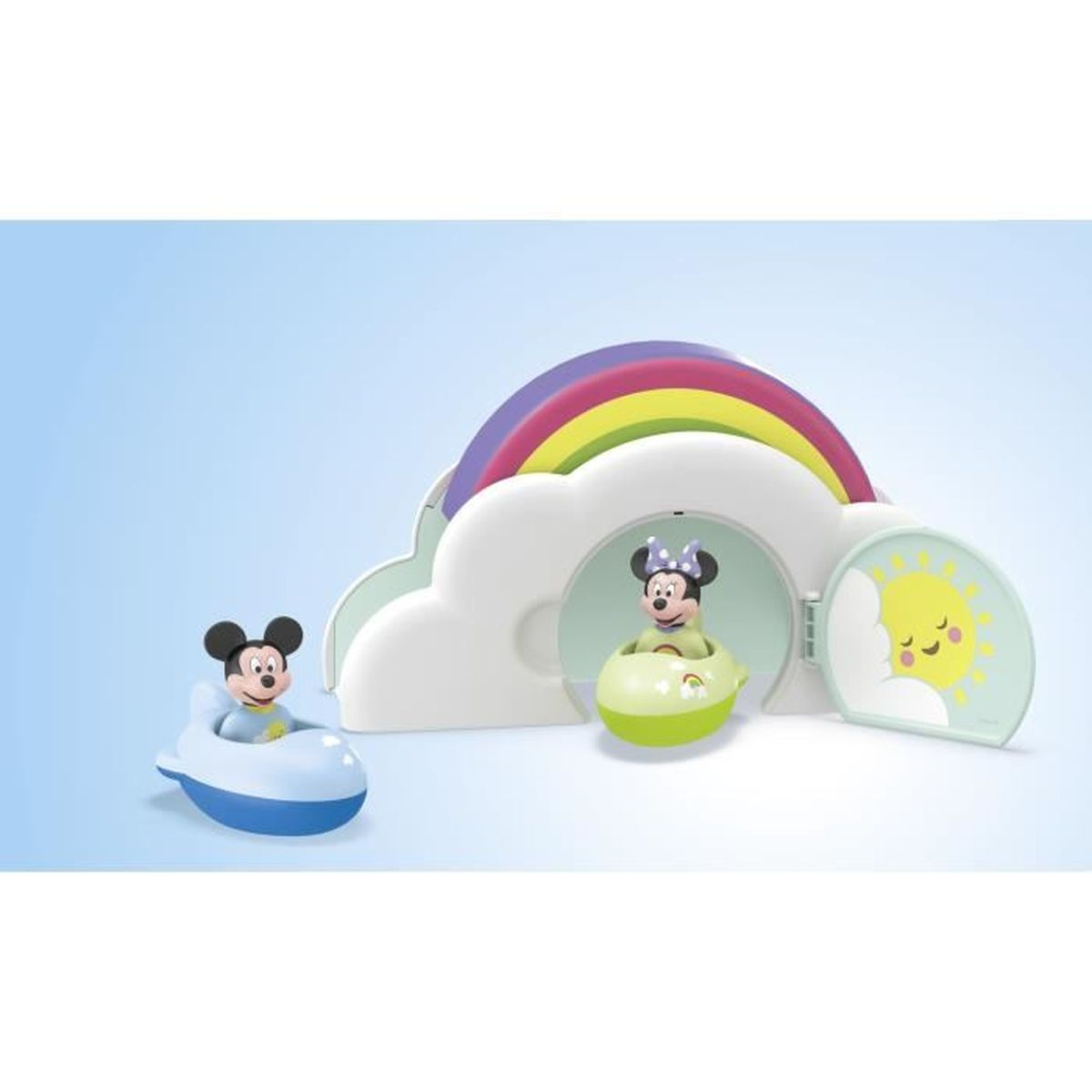 Un giocattolo con Topolino e Minnie in barca, un arcobaleno, una struttura a forma di nuvola e un sole. I colori pastello dominano il design.